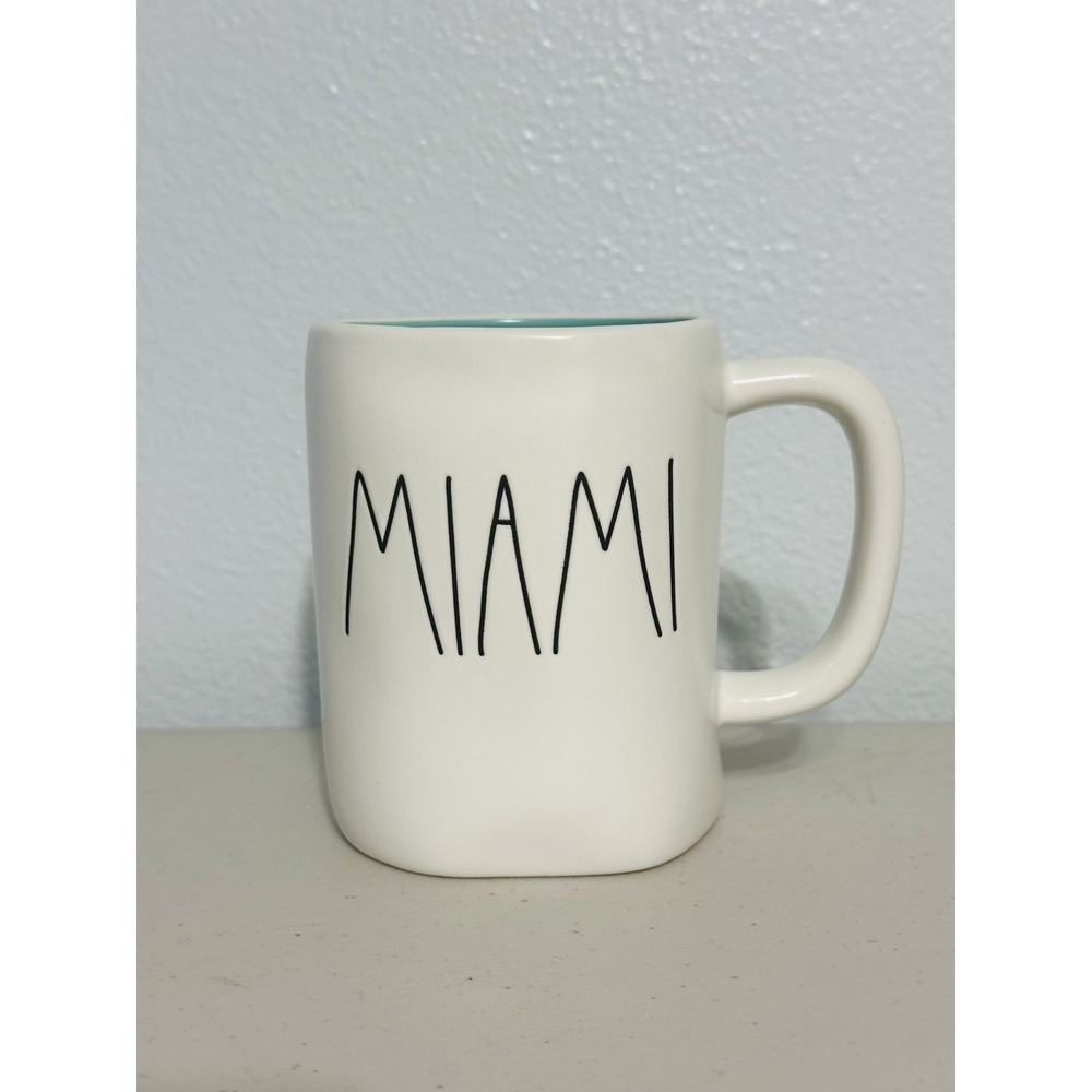 Rae Dunn Artisan Magenta Coffee Mug Miami Florida Palm Tree White Teal Blue